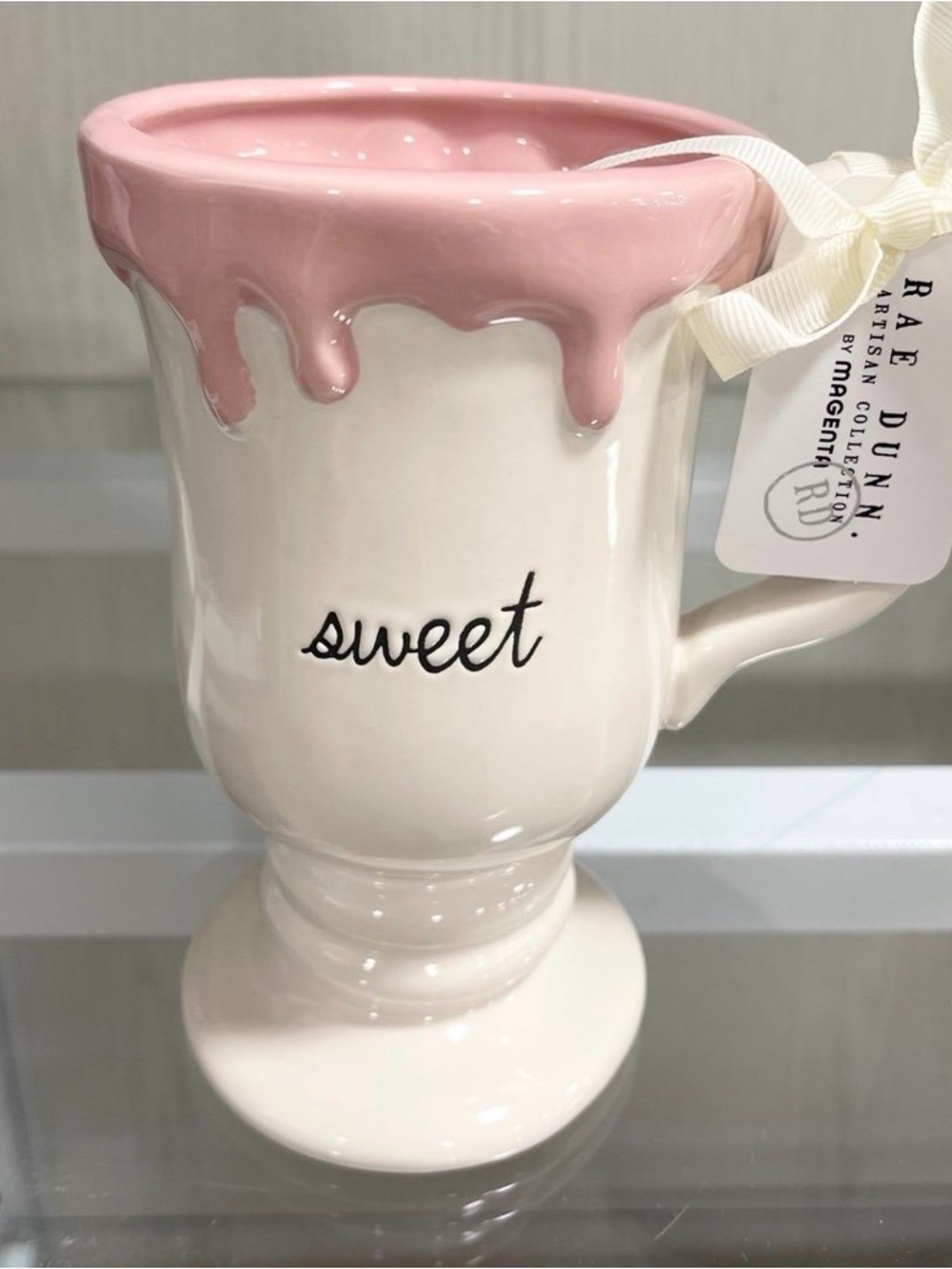Rae Dunn Pink Drip 'sweet' Ceramic Pedestal Mug